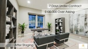 Modern office space with large windows, stylish furniture, and decorative shelves, showcasing succes.